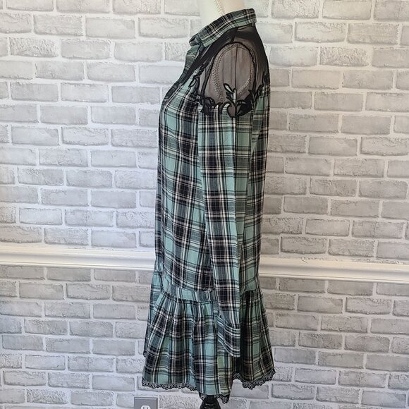 Guess Blue Plaid Drop Waist Dress Oversized Sheer Shoulder Western Grunge XS - Picture 3 of 8